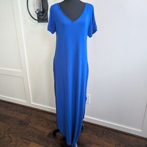 Royal Blue Maxi Dress Medium V-Neck Back Strap Pockets Rayon Spandex Comfy